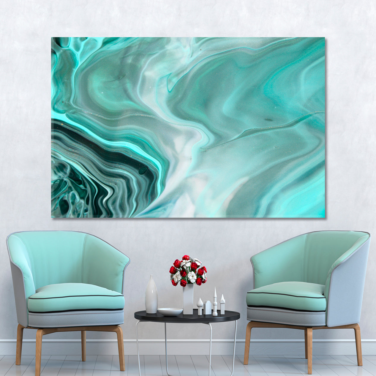 HUE OF PEARL Tidewater Green Mint Marble Pattern Fluid Art, Oriental Marbling Canvas Print Artesty   