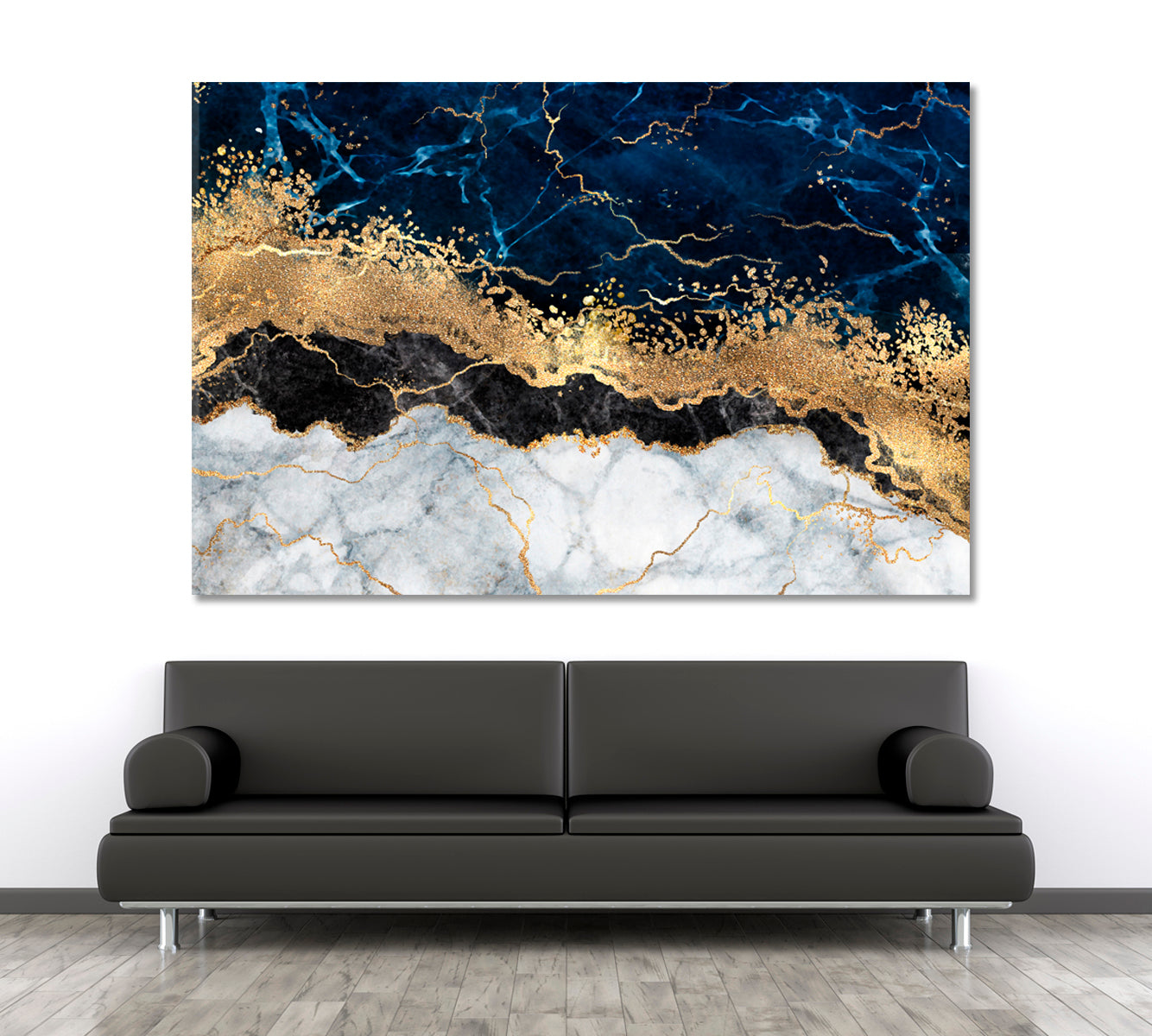 Abstract White Blue Marble Golden Veins Artistic Design Fluid Art, Oriental Marbling Canvas Print Artesty   