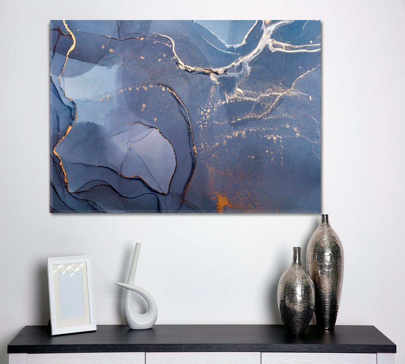 Dark Blue Modern Abstract Marble Fluid Art, Oriental Marbling Canvas Print Artesty 1 panel 24" x 16" 