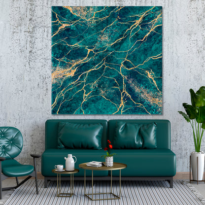 TIDEWATER TEAL BLUE GREEN Abstract Marble Malachite Veins Fluid Art, Oriental Marbling Canvas Print Artesty   