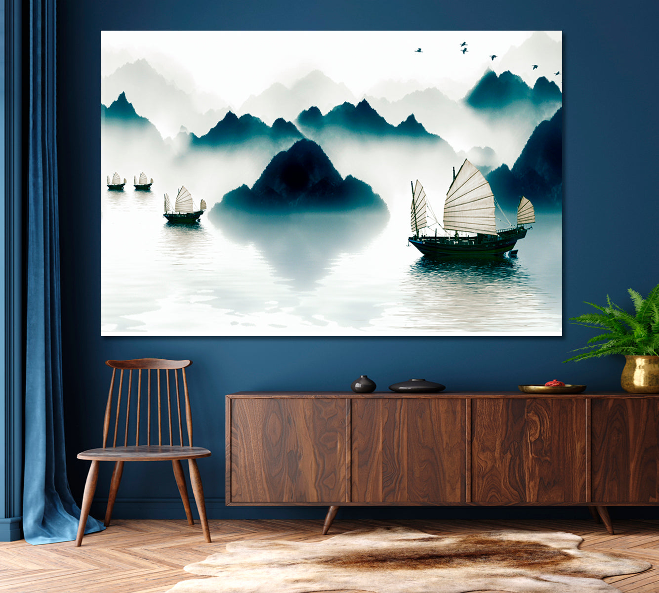 Mountains Sailboat Horizon Traditional Chinese Ink Landscape Asian Style Canvas Print Wall Art Artesty   