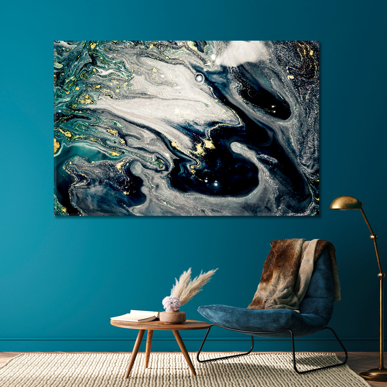 GREEN MALACHITE Inkwell Teal Metallic Silver Effect Marble Acrylic Mix Fluid Art, Oriental Marbling Canvas Print Artesty   