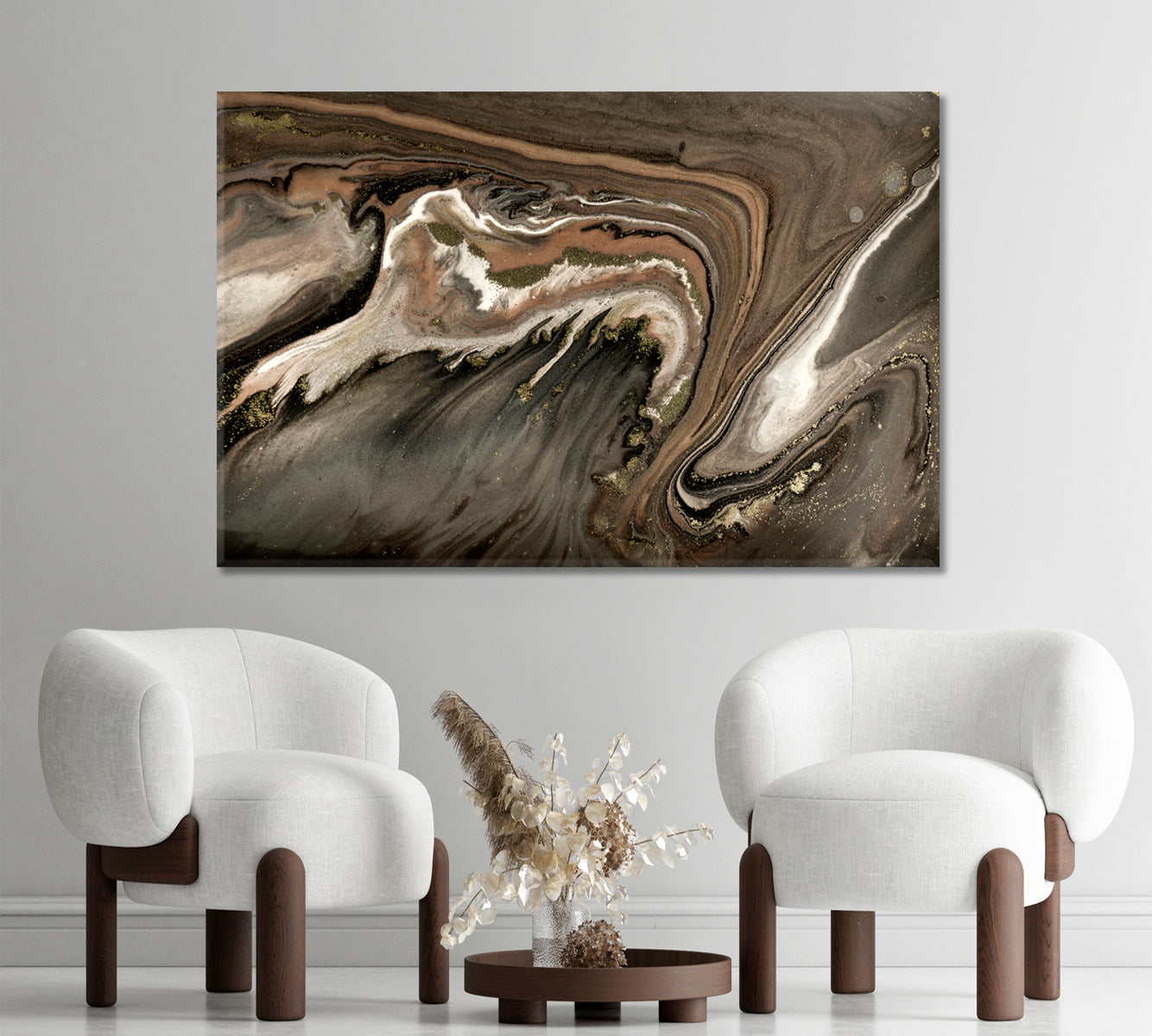 BROWN GOLD PEARL Stylized Marble Pattern Agate Ripple Fluid Art, Oriental Marbling Canvas Print Artesty 1 panel 24" x 16" 