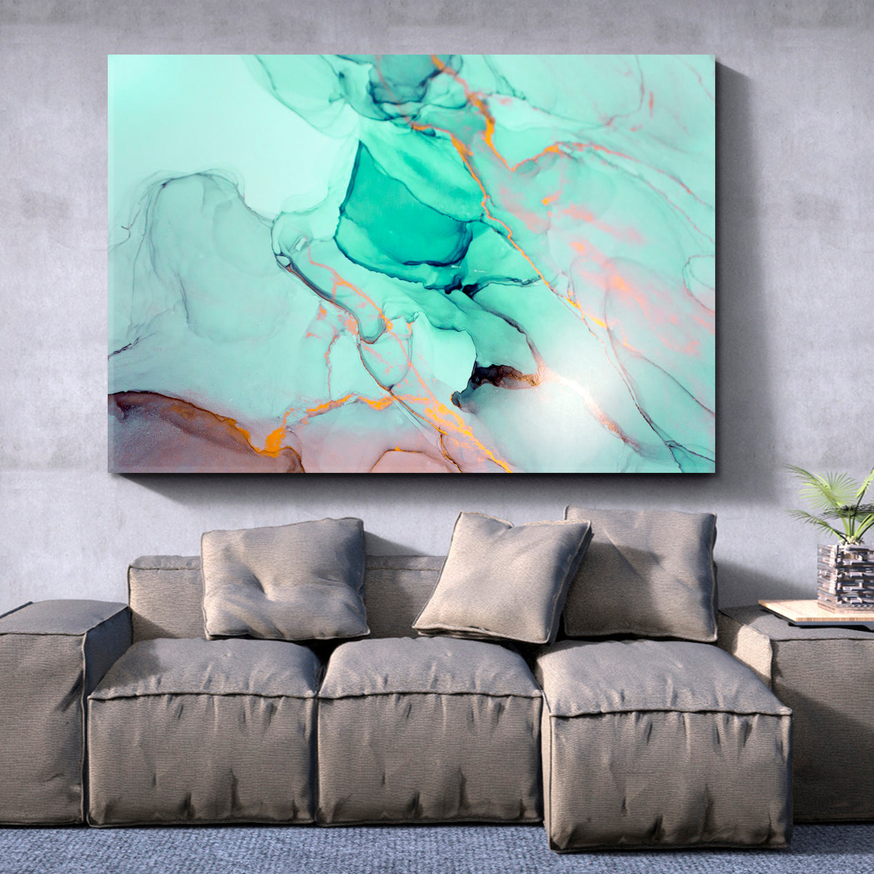Turquoise Green Ink Paint Abstract Marble Fluid Art, Oriental Marbling Canvas Print Artesty   