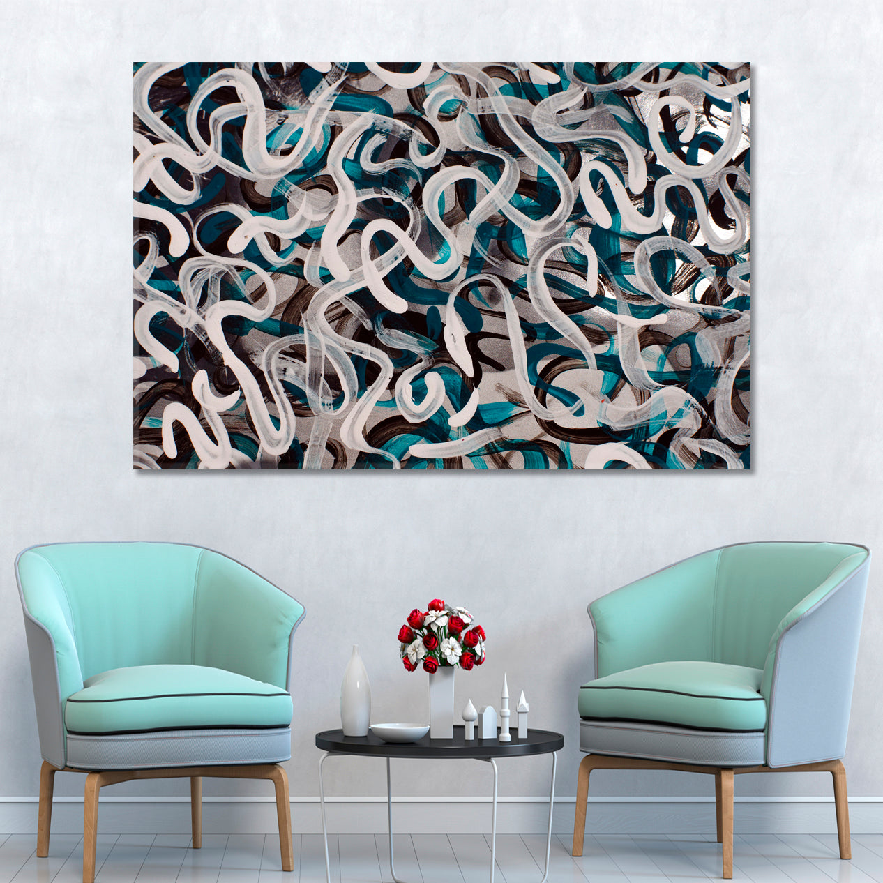 INSPIRED BY POLLOCK Turquoise Brown White Gray Strokes Modern Art Contemporary Art Artesty   