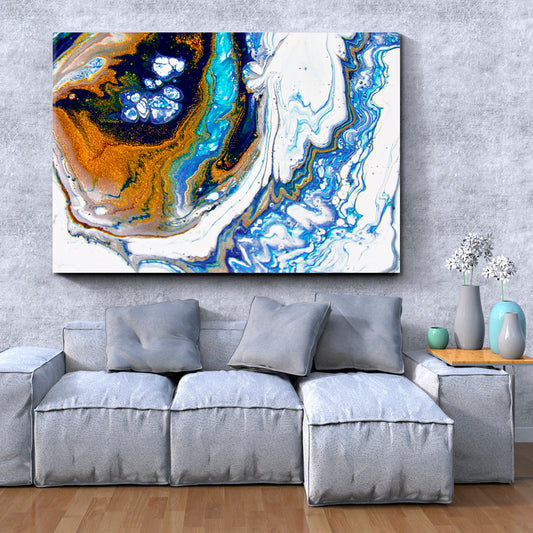 Abstract Gold Dark Blue Mixed Acrylic Marble Contemporary Fluid Art, Oriental Marbling Canvas Print Artesty 1 panel 24" x 16" 