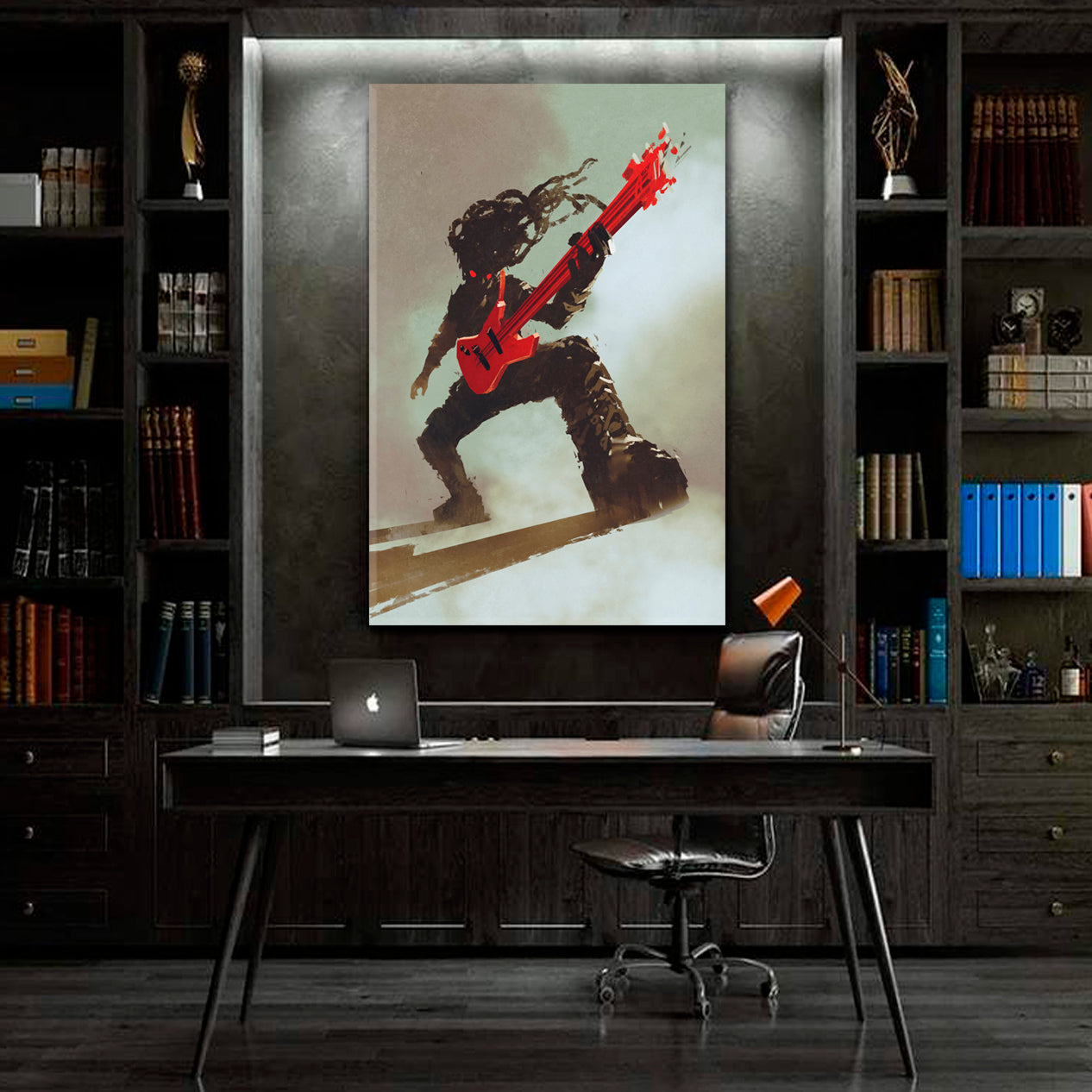 Rock & Roll Rocker Guitarist Playing Red Guitar, Music Canvas Print  - Vertical Music Wall Panels Artesty   