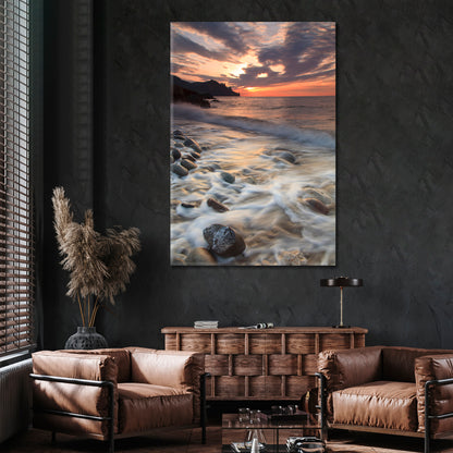 Incredible Beauty Panoramic Landscape Sunset on The Rocky Beach Canvas Print  - Vertical Scenery Landscape Fine Art Print Artesty   