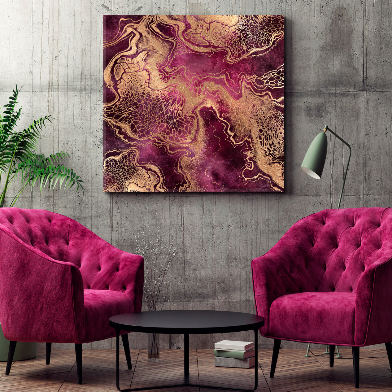 PINK PURPLE ROSE Golden Veins Marble Swirls Luxury Fashion Marbling Fluid Art, Oriental Marbling Canvas Print Artesty 1 Panel 12"x12" 