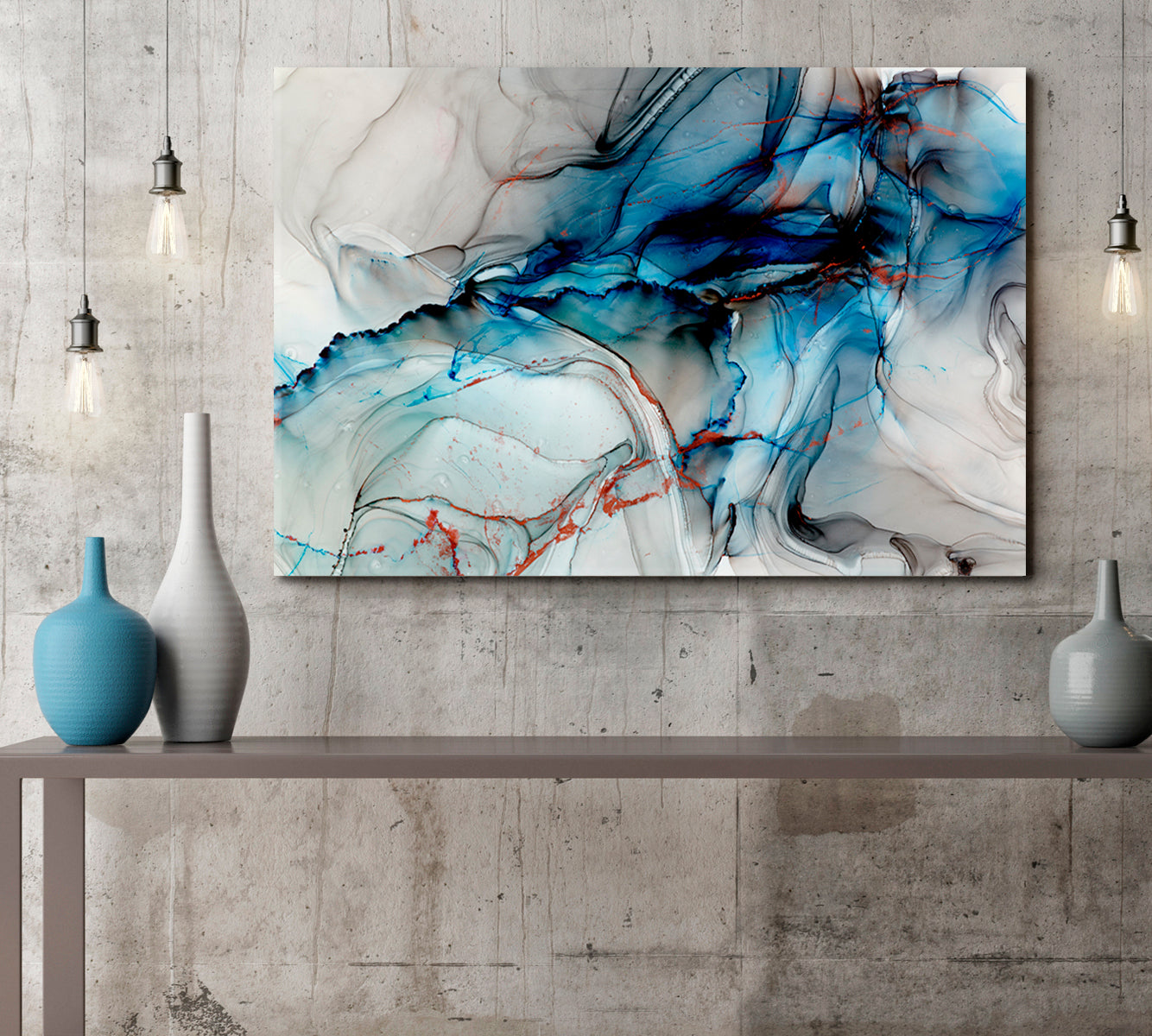 Blue Gray Black Marble Transparent Veins Modern Abstract Art