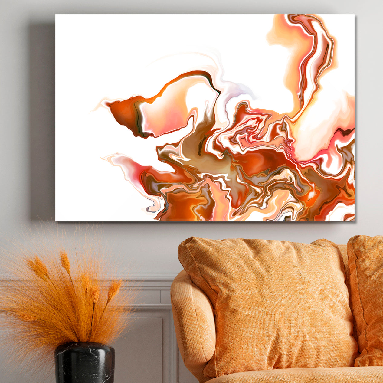 Brown Orange Mix Abstract Wavy Forms Futuristic Pattern Fluid Art, Oriental Marbling Canvas Print Artesty   