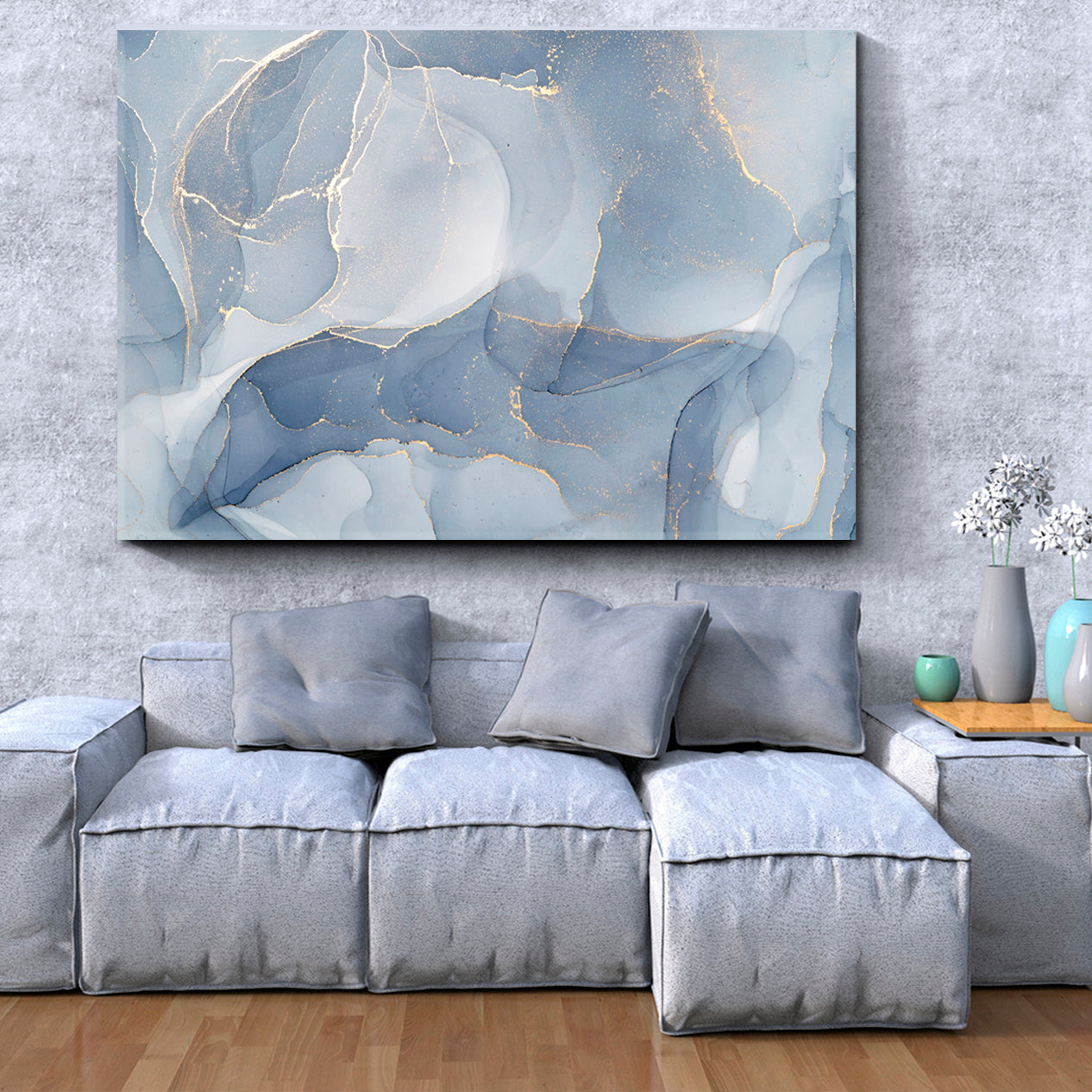 SOFT BLUE Modern Marble Alcohol Ink Tender Veins Abstract Design Fluid Art, Oriental Marbling Canvas Print Artesty   