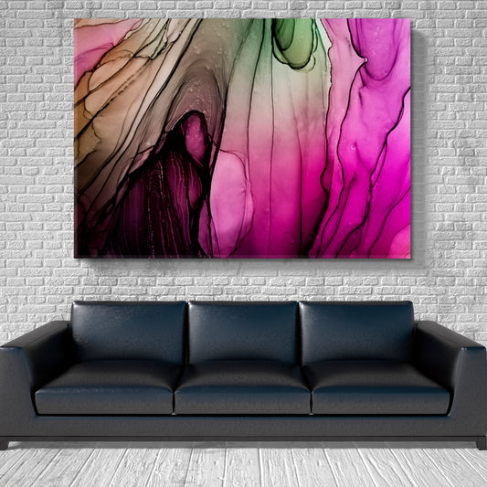 SUMINAGASHI Alcohol Ink Unique Pattern Violet Green Fluid Art, Oriental Marbling Canvas Print Artesty 1 panel 24" x 16" 