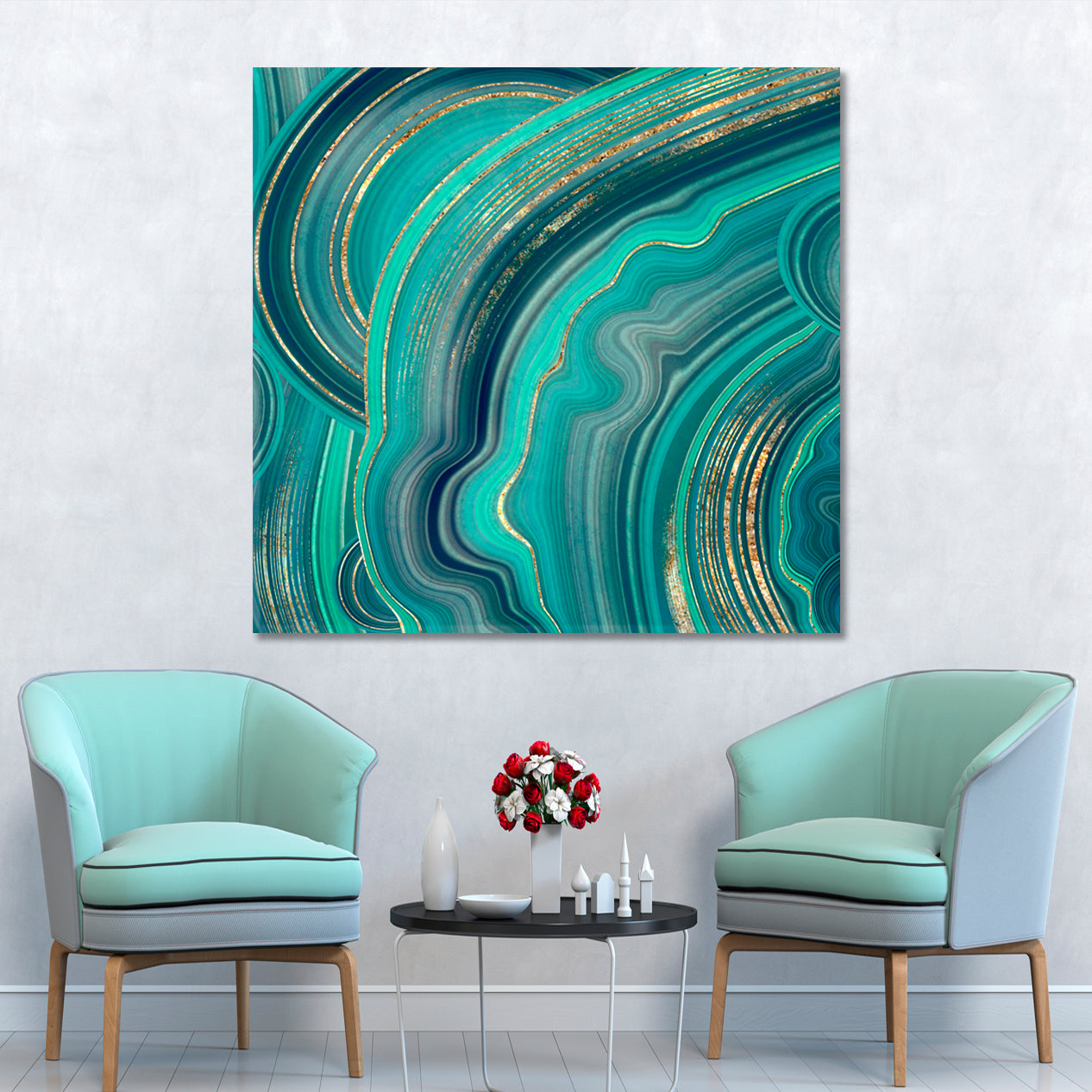 TURQUOISE Abstract Marble Agate Mint Green and Gold Veins Fluid Art, Oriental Marbling Canvas Print Artesty   