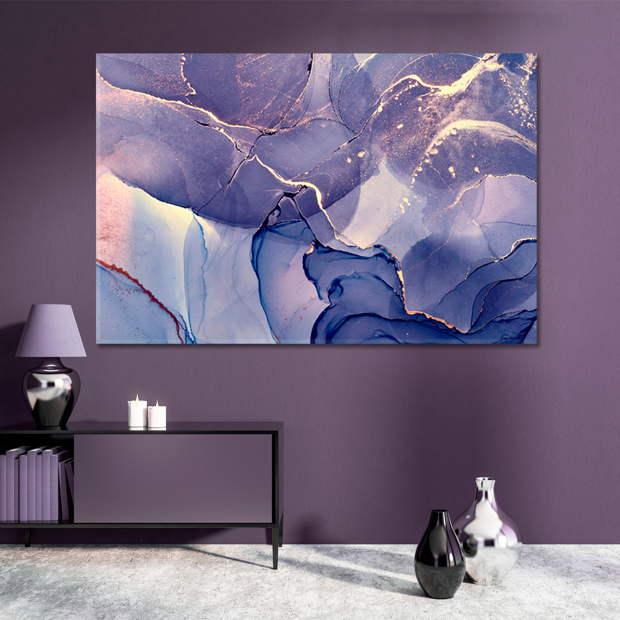 Purple Blue Abstract Marble Veines Fluid Art, Oriental Marbling Canvas Print Artesty   