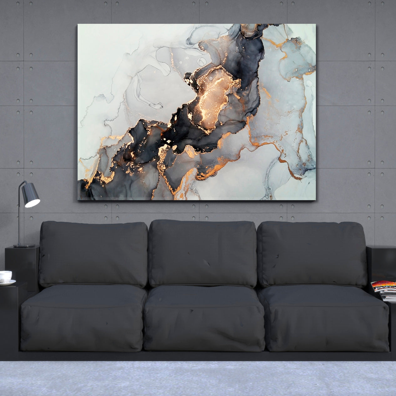 Luxury Abstract Fluid Art Alcohol Ink Technique Black Gold Effect Canvas Print Fluid Art, Oriental Marbling Canvas Print Artesty   