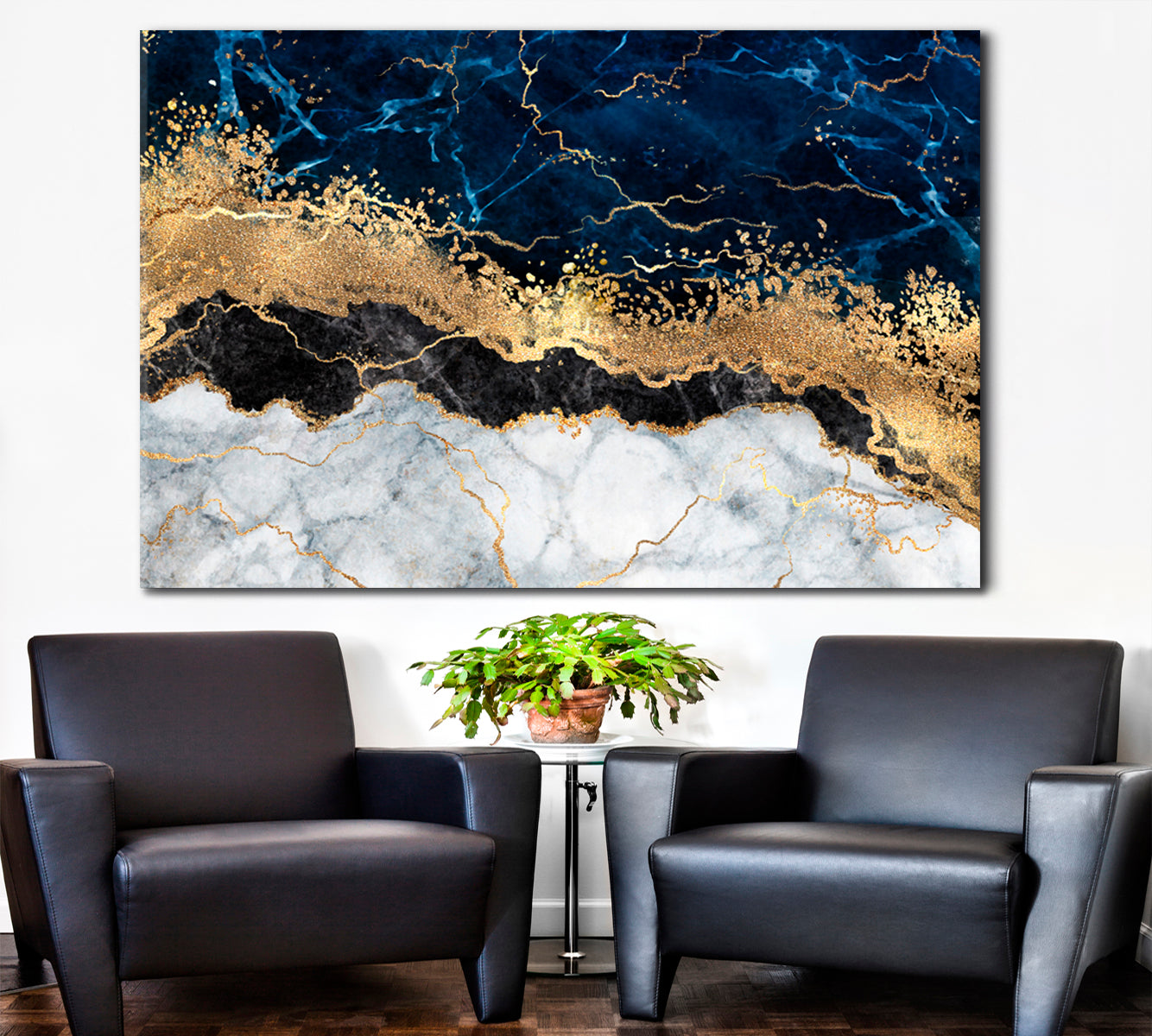 Abstract White Blue Marble Golden Veins Artistic Design Fluid Art, Oriental Marbling Canvas Print Artesty 1 panel 24" x 16" 