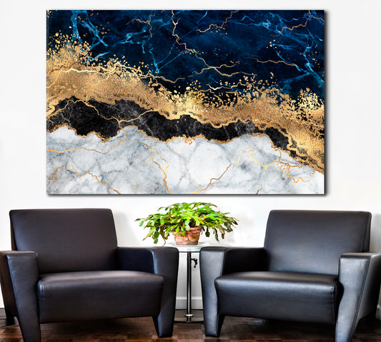 Abstract White Blue Marble Golden Veins Artistic Design