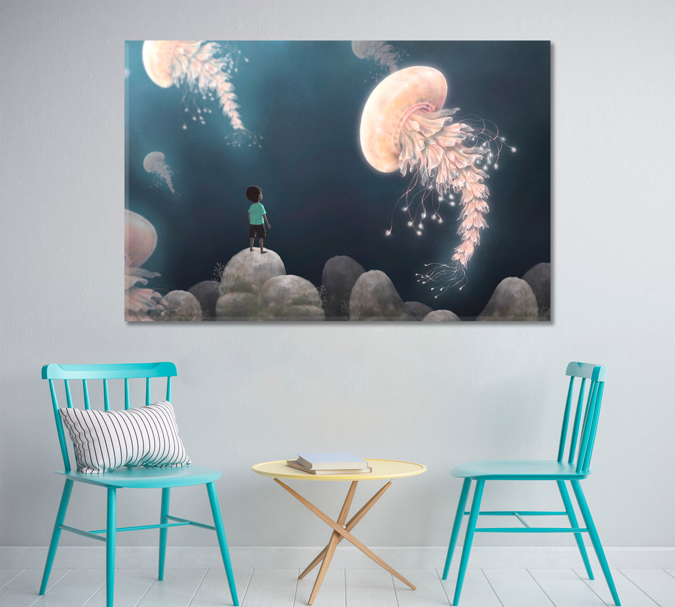 Fantasy Landscape Boy Giant Jellyfish Imaginary Surreal Painting Surreal Fantasy Large Art Print Décor Artesty 1 panel 24" x 16" 