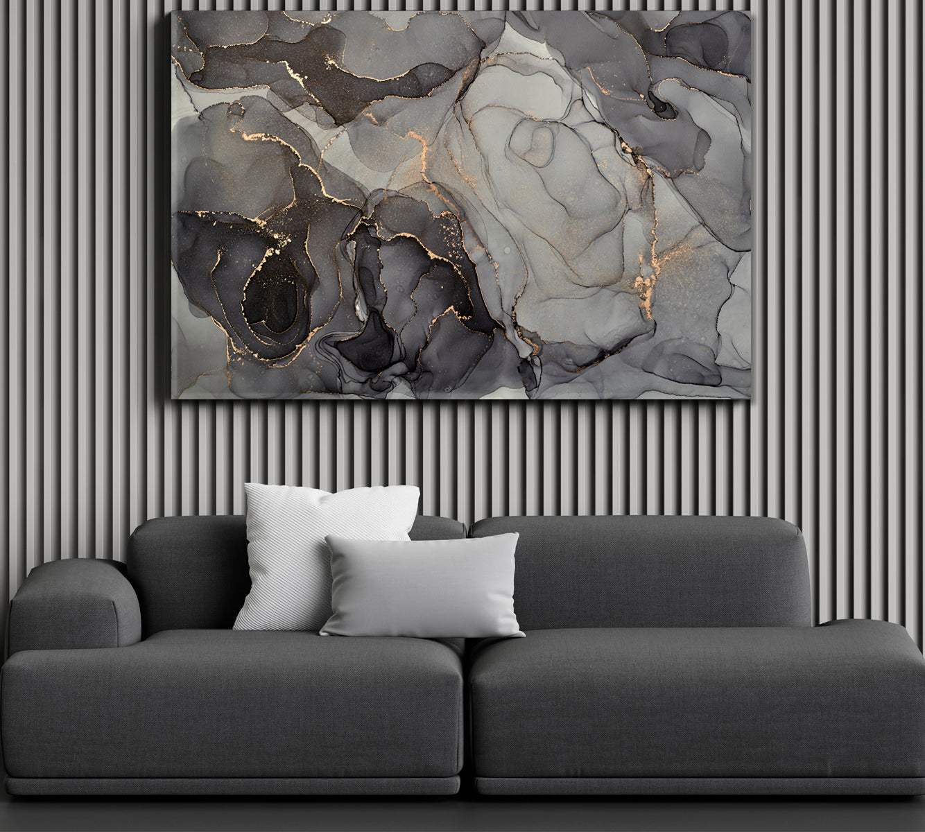 Black Gray Marble Alcohol Ink Stains Translucent Waves Fluid Art, Oriental Marbling Canvas Print Artesty   
