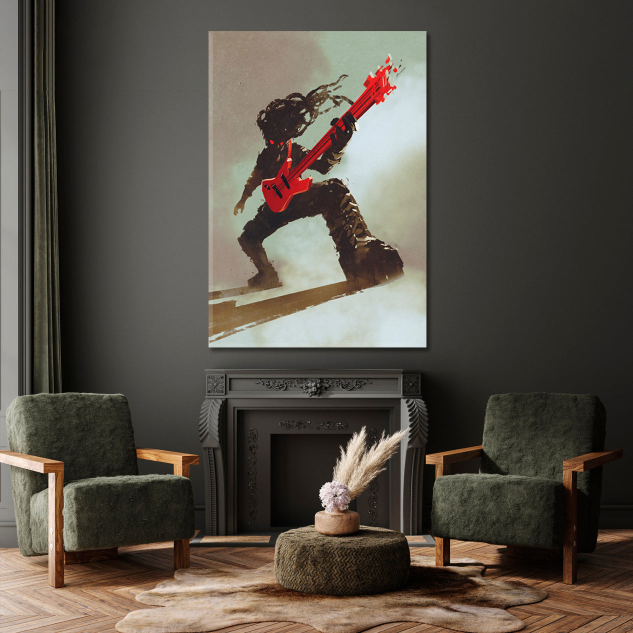 Rock & Roll Rocker Guitarist Playing Red Guitar, Music Canvas Print  - Vertical Music Wall Panels Artesty   