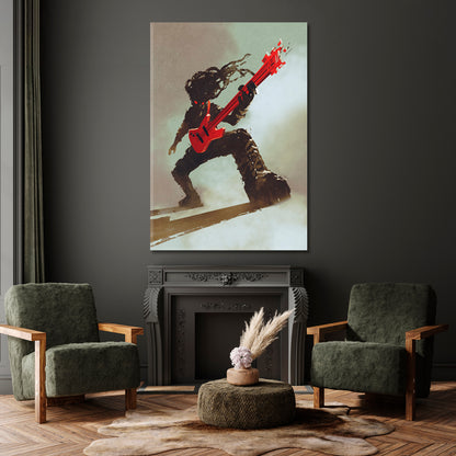 Rock & Roll Rocker Guitarist Playing Red Guitar, Music Canvas Print  - Vertical Music Wall Panels Artesty   