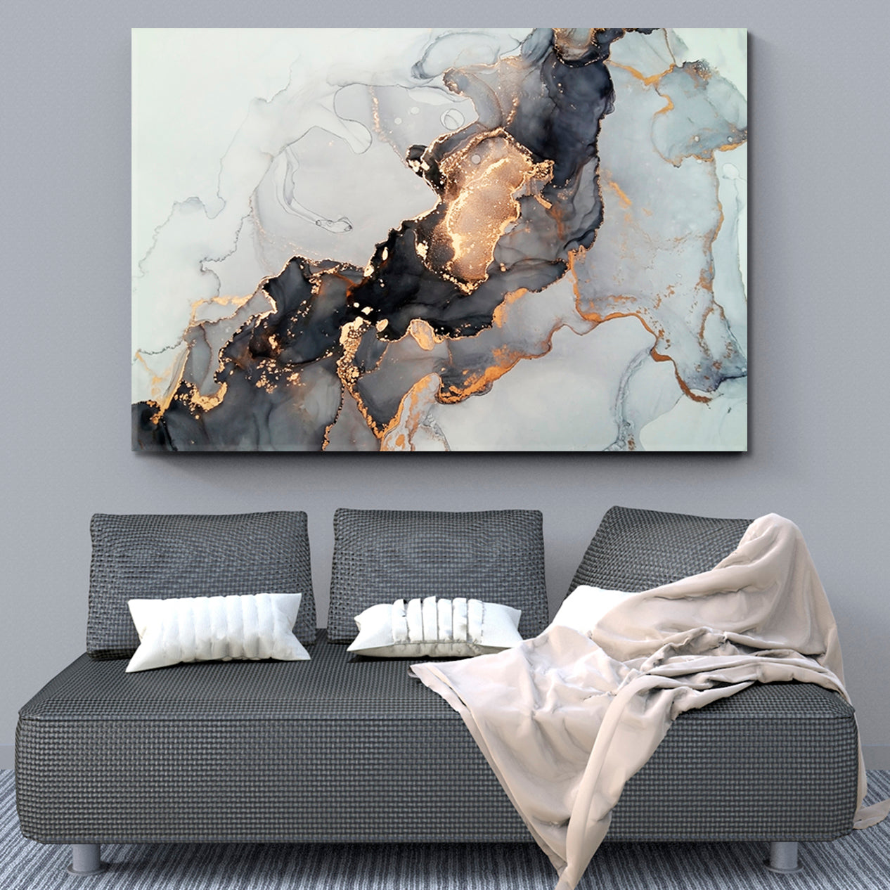 Luxury Abstract Fluid Art Alcohol Ink Technique Black Gold Effect Canvas Print Fluid Art, Oriental Marbling Canvas Print Artesty   