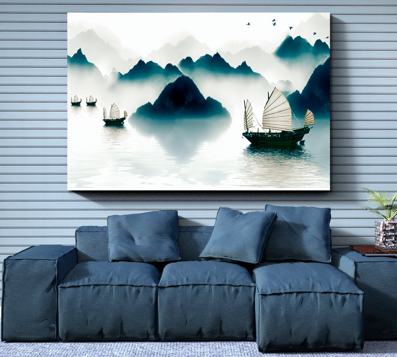 Mountains Sailboat Horizon Traditional Chinese Ink Landscape Asian Style Canvas Print Wall Art Artesty   