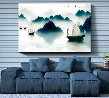 Mountains Sailboat Horizon Traditional Chinese Ink Landscape Asian Style Canvas Print Wall Art Artesty   