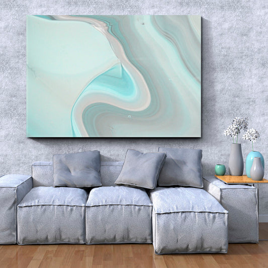 Mint Green Light Marble Design Acrylic Color Mix Fluid Art, Oriental Marbling Canvas Print Artesty   