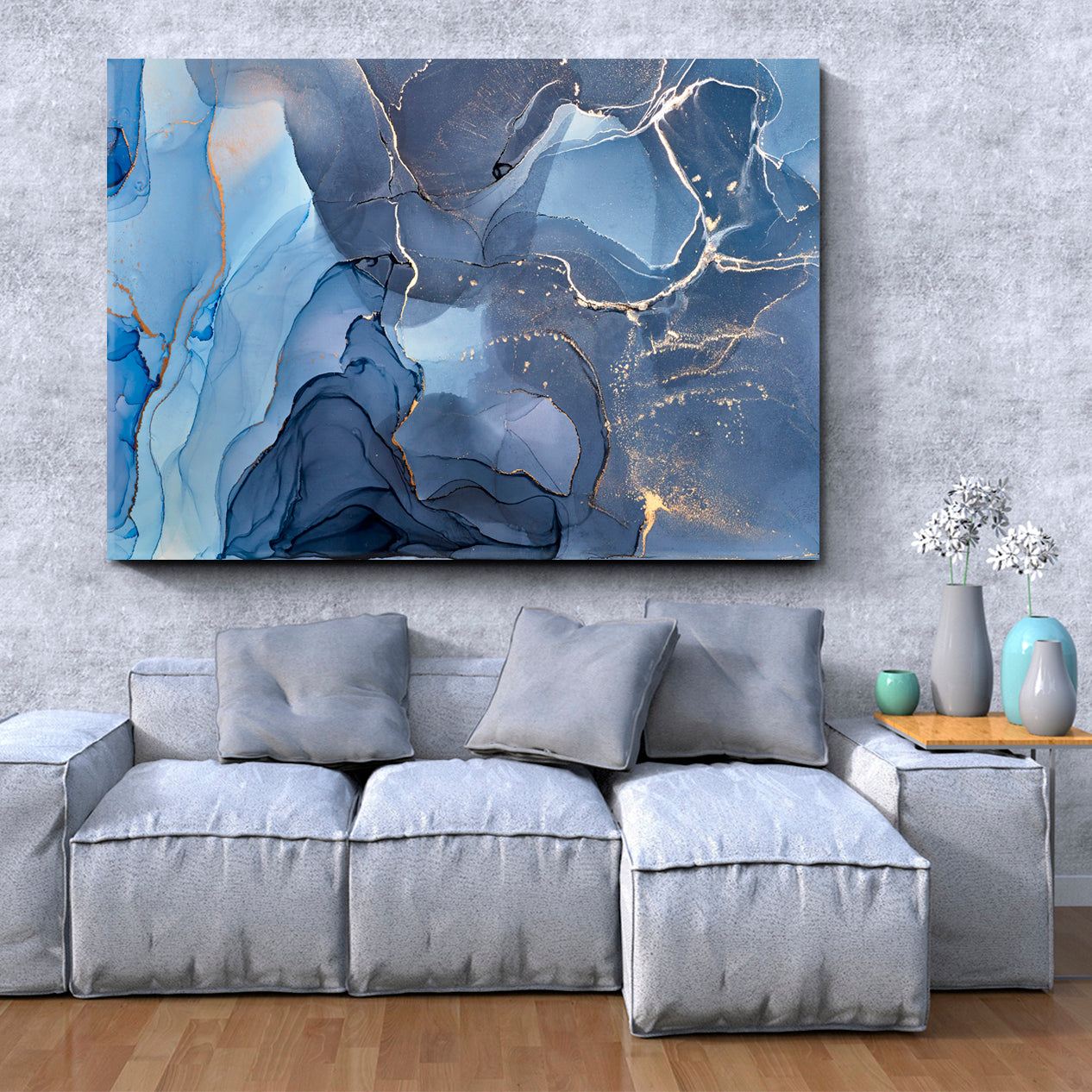 Soft Blue Alcohol Ink Colors Translucent Modern Marble Fluid Art, Oriental Marbling Canvas Print Artesty   