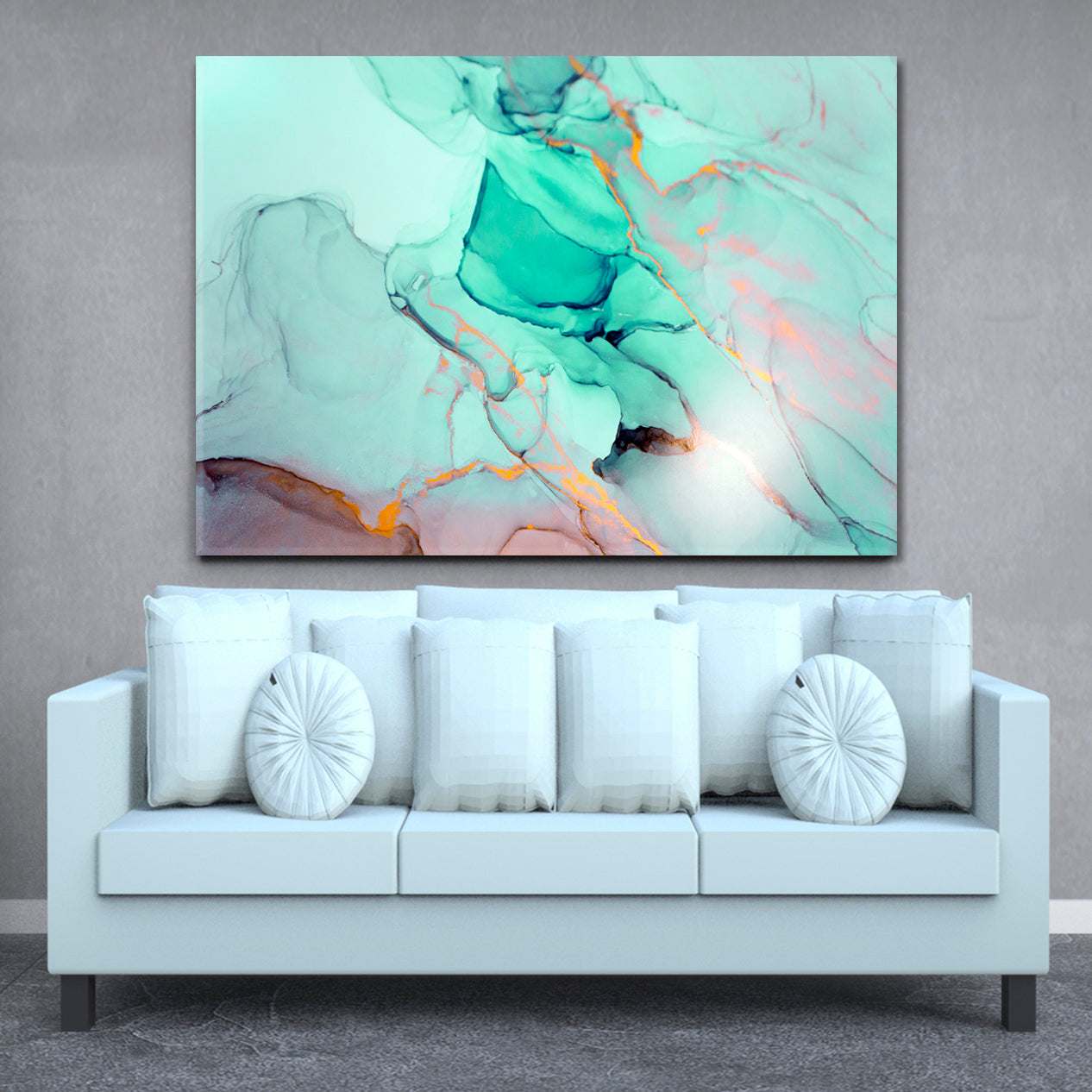 Turquoise Green Ink Paint Abstract Marble Fluid Art, Oriental Marbling Canvas Print Artesty   