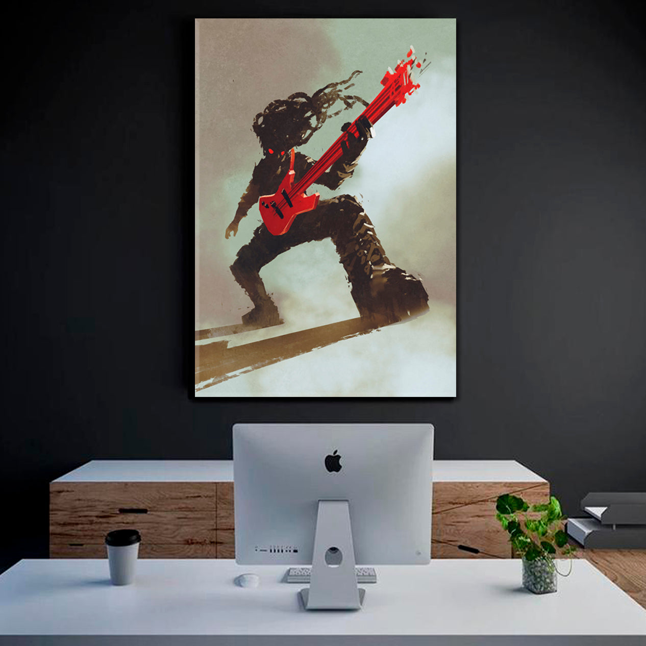 Rock & Roll Rocker Guitarist Playing Red Guitar, Music Canvas Print  - Vertical Music Wall Panels Artesty   