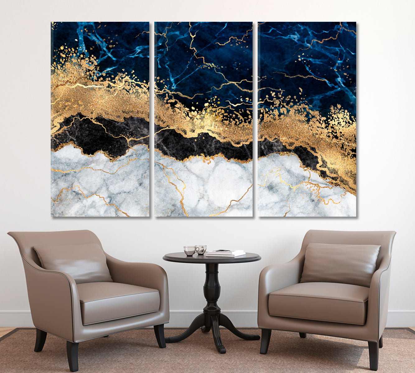 Abstract White Blue Marble Golden Veins Artistic Design Fluid Art, Oriental Marbling Canvas Print Artesty   