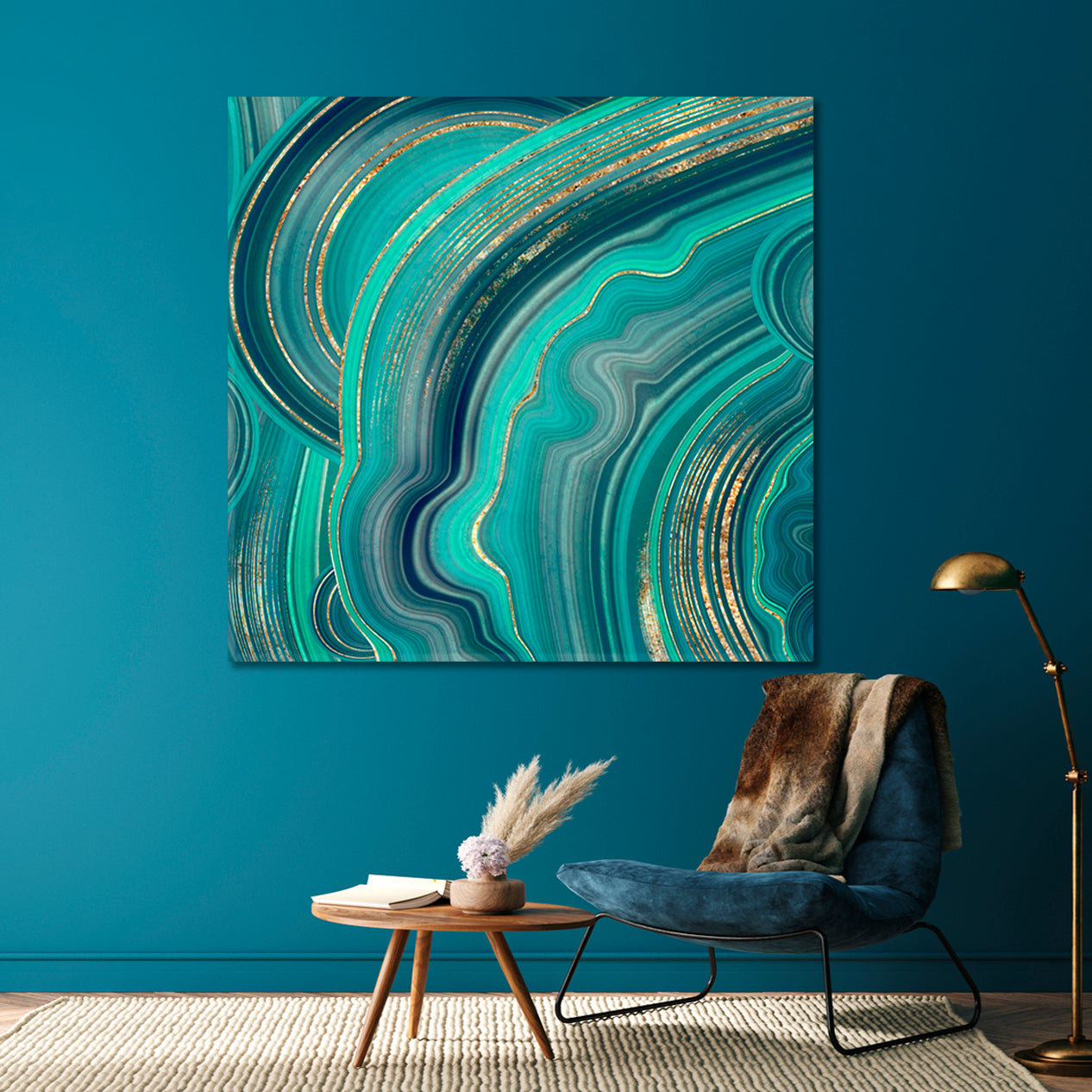 TURQUOISE Abstract Marble Agate Mint Green and Gold Veins Fluid Art, Oriental Marbling Canvas Print Artesty   