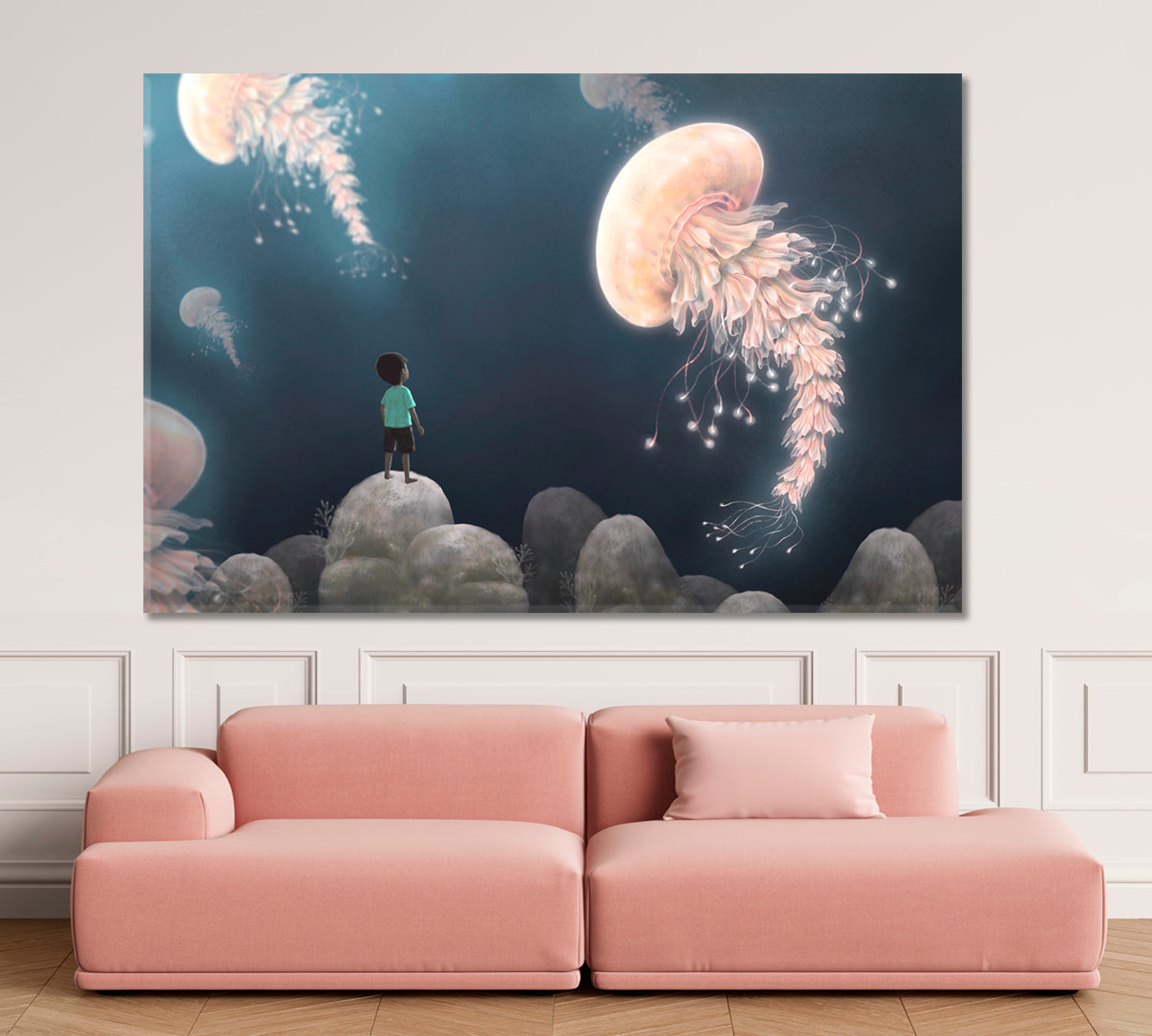 Fantasy Landscape Boy Giant Jellyfish Imaginary Surreal Painting Surreal Fantasy Large Art Print Décor Artesty   