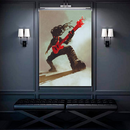 Rock & Roll Rocker Guitarist Playing Red Guitar, Music Canvas Print  - Vertical Music Wall Panels Artesty   