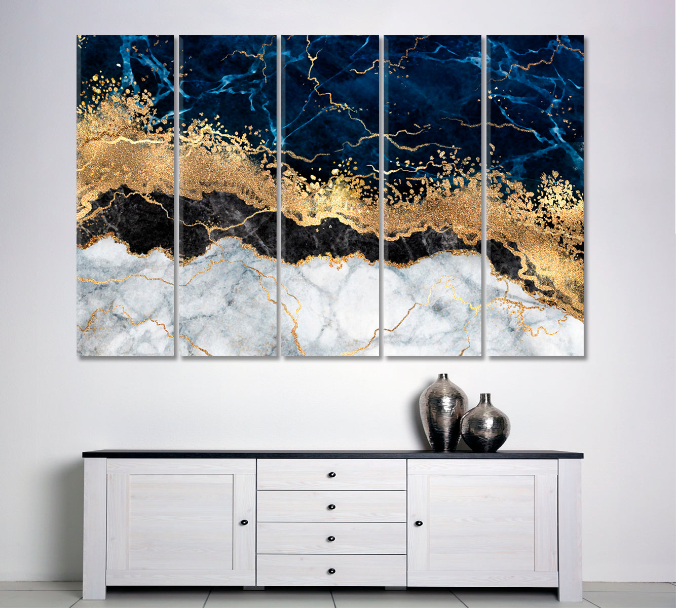 Abstract White Blue Marble Golden Veins Artistic Design Fluid Art, Oriental Marbling Canvas Print Artesty 5 panels 36" x 24" 