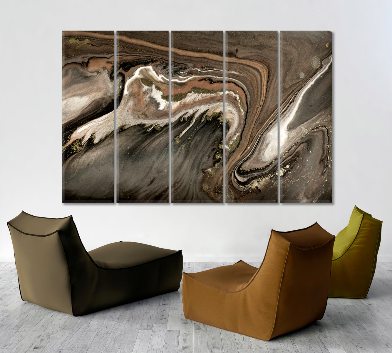 BROWN GOLD PEARL Stylized Marble Pattern Agate Ripple Fluid Art, Oriental Marbling Canvas Print Artesty 5 panels 36" x 24" 