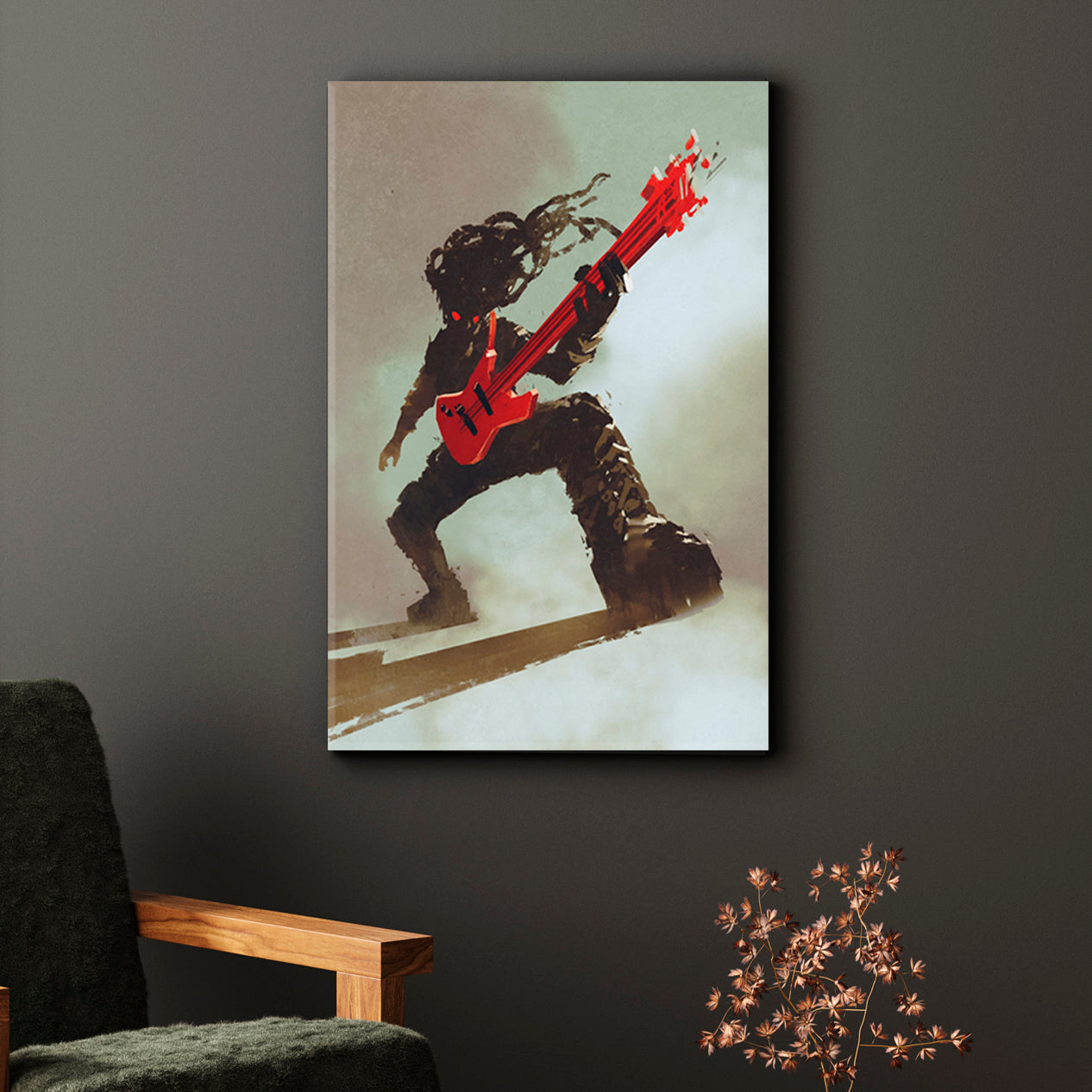 Rock & Roll Rocker Guitarist Playing Red Guitar, Music Canvas Print  - Vertical Music Wall Panels Artesty   