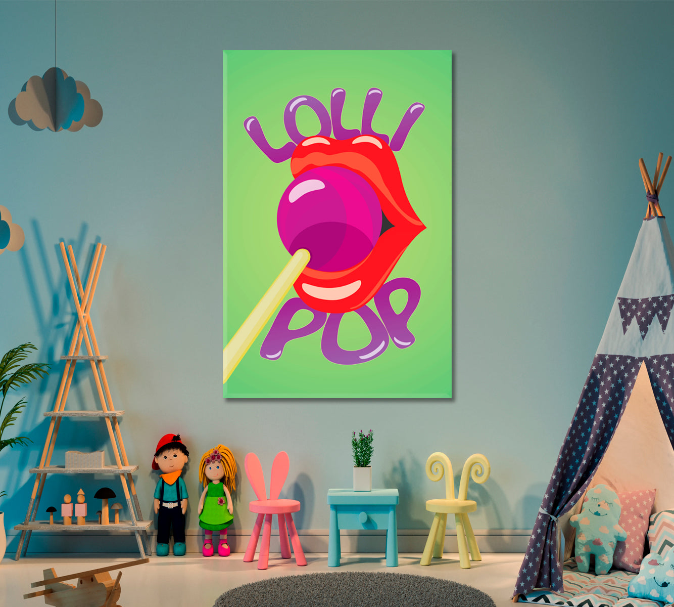 POP ART Lips & Lollipop Light Green Purple Red Colorful Poster Pop Art Canvas Print Artesty   