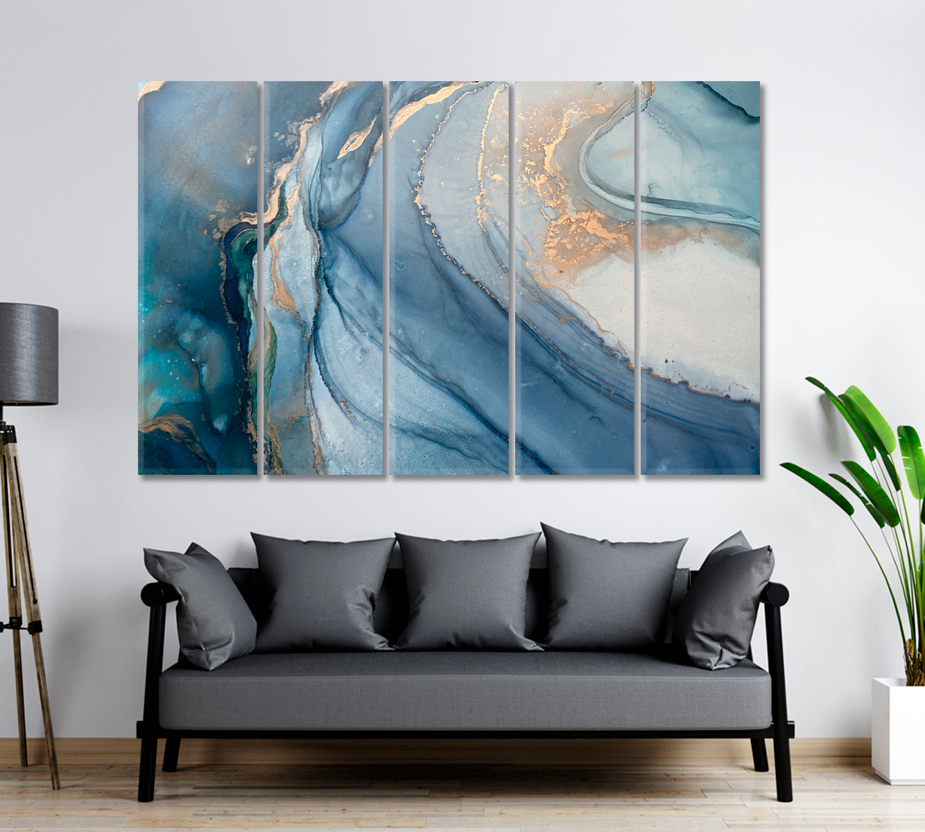 ABSTRACT MARBLE VEINS Translucent Blue Fluid Painting Fluid Art, Oriental Marbling Canvas Print Artesty 5 panels 36" x 24" 