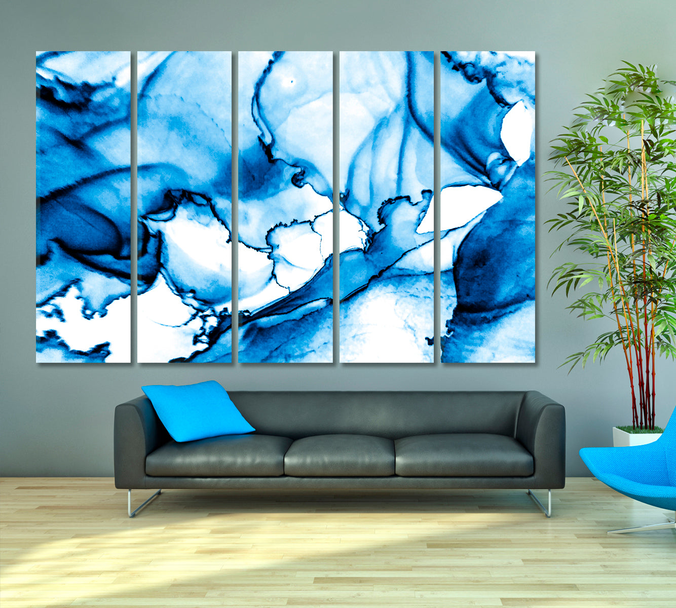 Winter Tones Blue Ink Abstract Marble Veins Fluid Art, Oriental Marbling Canvas Print Artesty 5 panels 36" x 24" 