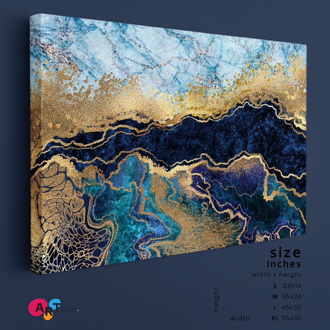 BLUE MARBLE Abstract Trendy Oriental Style Fluid Art, Oriental Marbling Canvas Print Artesty 1 panel 24" x 16" 