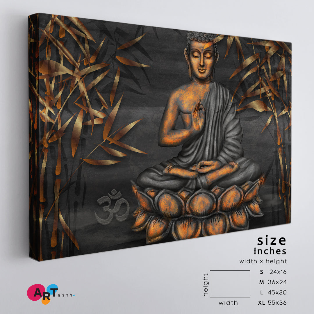 Golden Buddha Lotus Pose Om Symbol Bamboo Religious Modern Art Artesty   