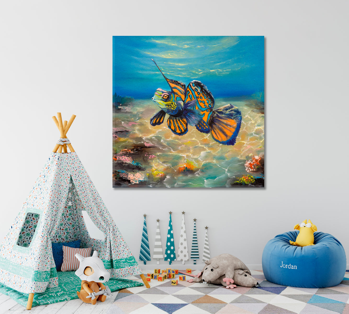 UNDERWATER SEA LIFE Mandarin Fish Sea Bottom Landscape Nautical Corals - Square Panel Nautical, Sea Life Pattern Art Artesty   