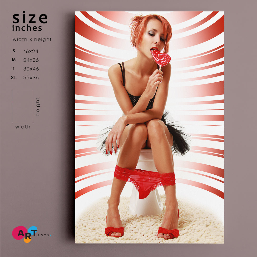 Funny Girl with Red Lollipop in the Toilet Photo Art Artesty   