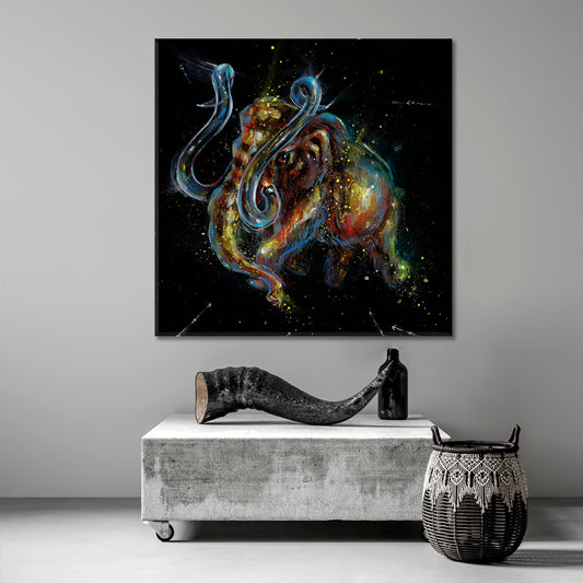 Golden Mammoth Representing Wealth Fantasy Animal Drip Paint Vivid on Black Canvas Print - Square Panel Contemporary Art Artesty   