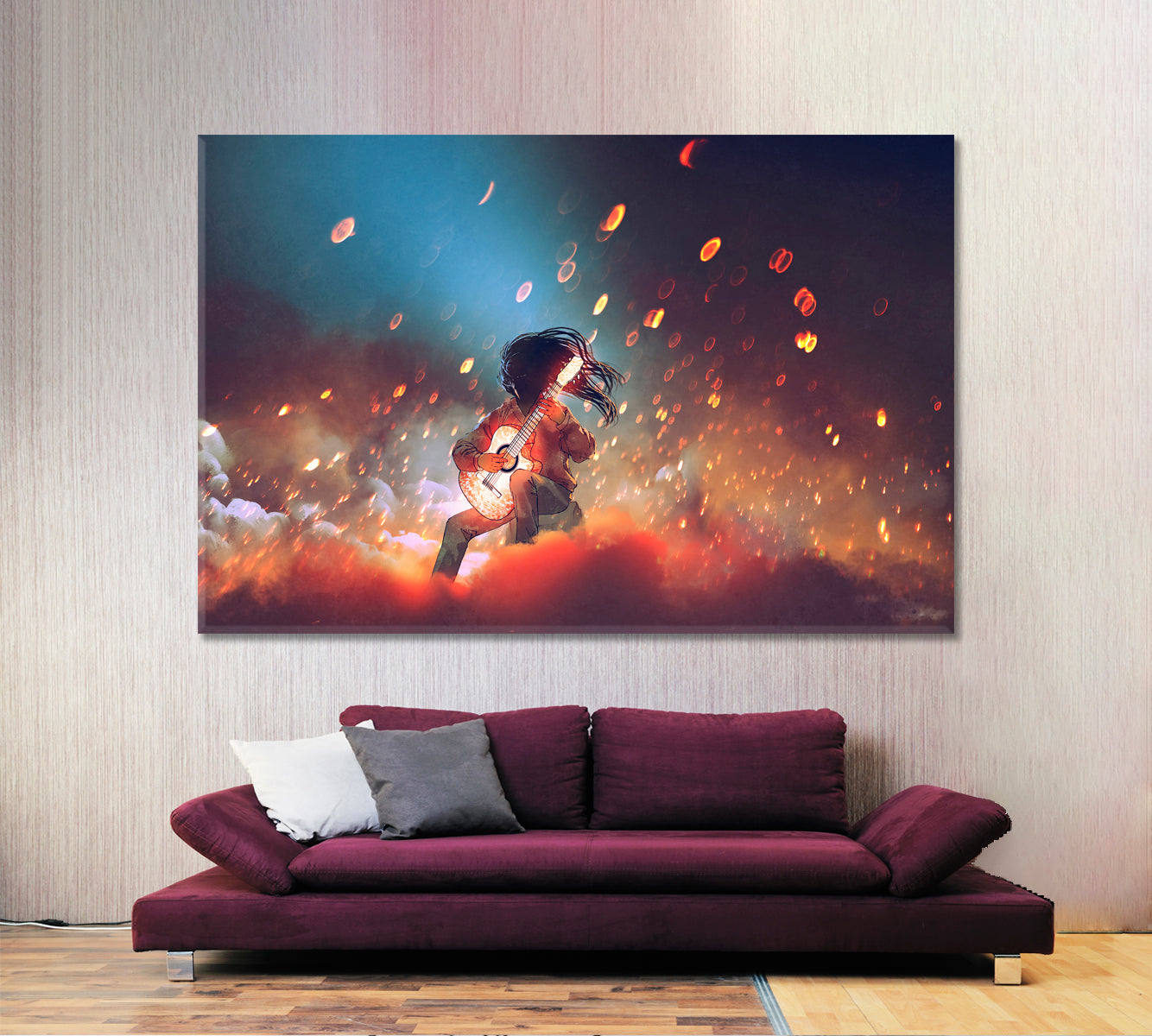 SURREAL Mysterious Man Playing the Glowing Guitar in the Smoke Surreal Fantasy Large Art Print Décor Artesty   