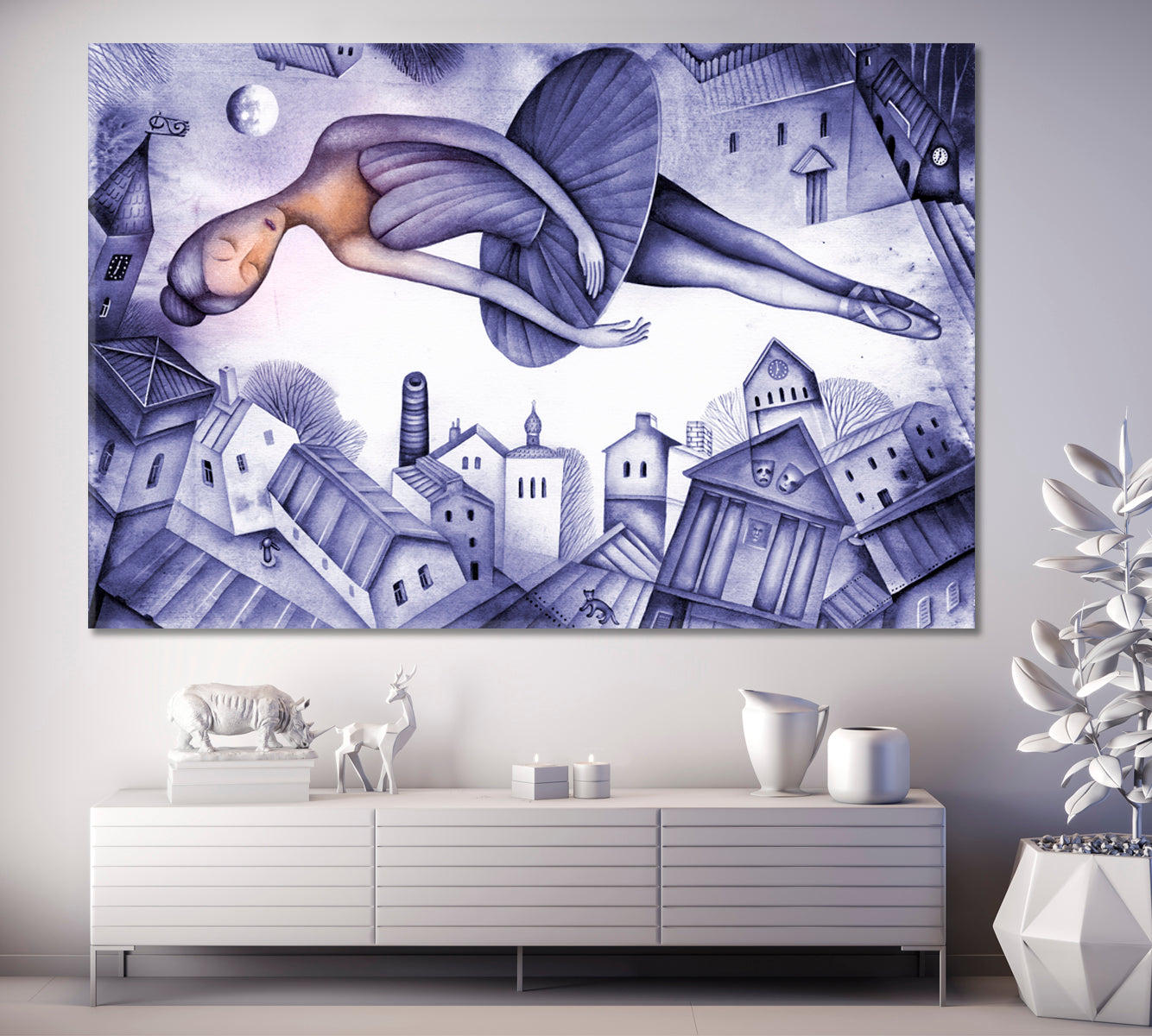 FANTASY Beautiful Ballerina Soars in a Dream Above the City, Cubist Style Canvas Print Cubist Trendy Large Art Print Artesty   